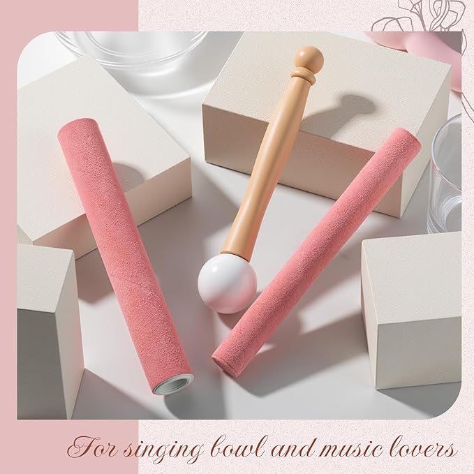 Nuanchu 3 Pieces Crystal Singing Bowl Mallet Set, Include Thick Suede Striker Solid and Hollow Sound Bowl Stick, Crystal Singing Bowl Rubber Mallet with Wood Handle for Playing Bowl (Pink) - Bloomnest