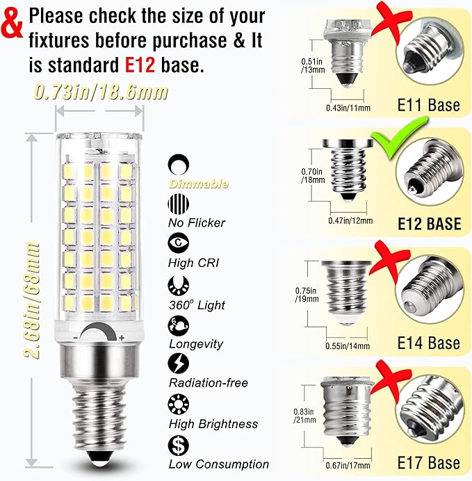 ALIDE E12 C7 Dimmable Led Candelabra Bulbs Kx 2000 60 Watt Replacement, 6000k Daylight White T6 110V 120V Small Base E12 LED Bulbs 6W for Ceiling Fan Salt Lamp Chandelier Lighting,600lm,8Pack - Bloomnest