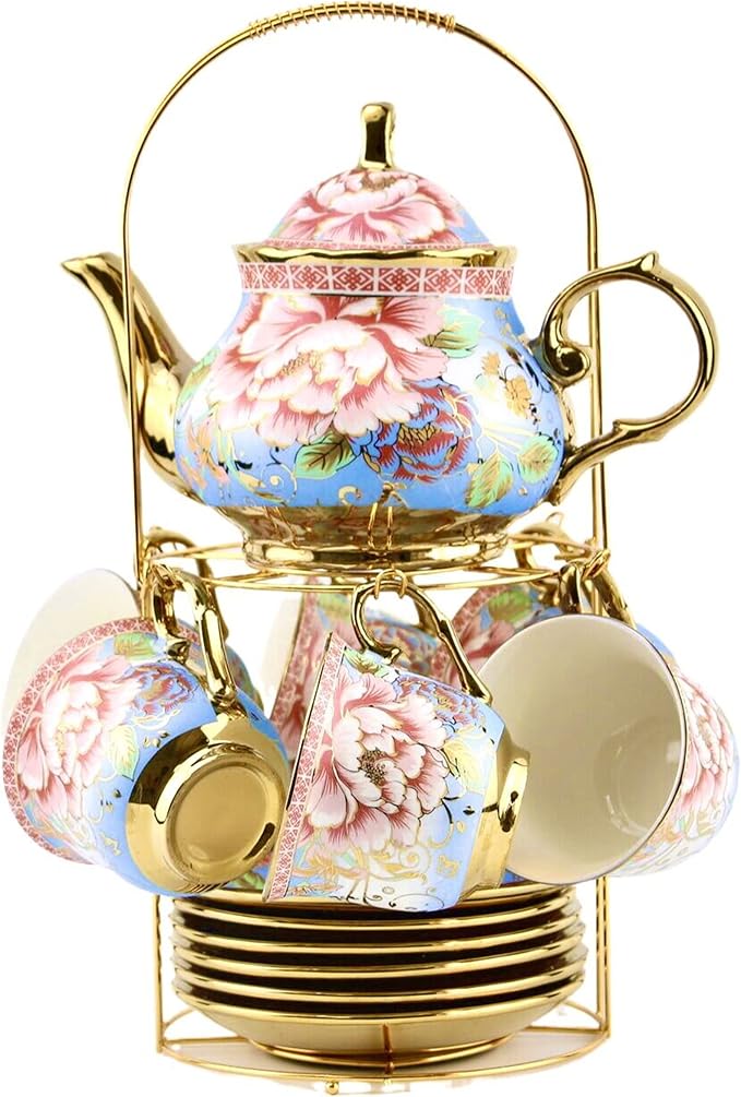 20 Pieces Porcelain Tea Set With Metal Holder, European Ceramic tea set for adults,Flower Tea Set,Tea Set For Women With Flower Painting(Large version, Light Blue)) - Bloomnest