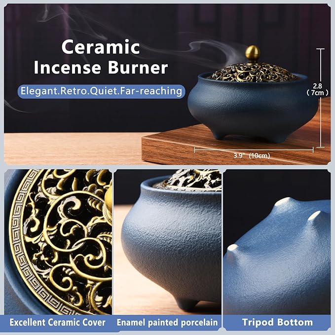 Ceramic Incense Burner with Incense Holder+ Fireproof Cotton,Handmade Smudging Burn Bowl for Stick or Coil Incense,Sage Cones, Frankincense and Mosquito Incense (Blue) - Bloomnest