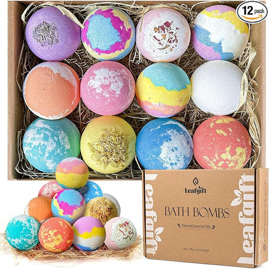 Leafgift Bath Bombs Gift Set, 12pcs Handmade Bath Fizzies with Natural Sea Salt Cocoa & Shea Butter, Perfect for Bubble Bath Spa, Moisturizing Dry Skin, Stress Relief, Best Gift for Women, Men - Bloomnest