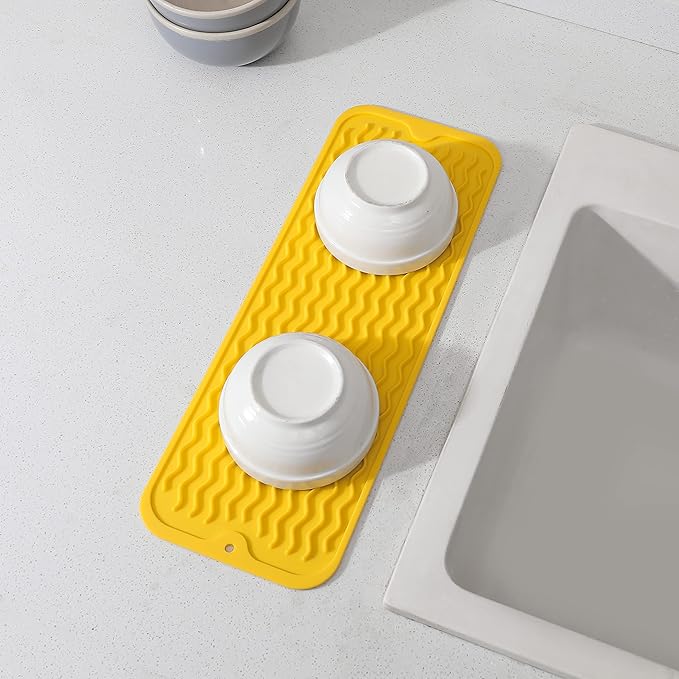 Silicone Dish Drying Mat for Multiple Usage,Easy clean,Eco-friendly,Heat-resistant Silicone Mat for Kitchen Counter,Sink,Bar,Bottle,or Cup Yellow M 17 inches x 6 inches - Bloomnest