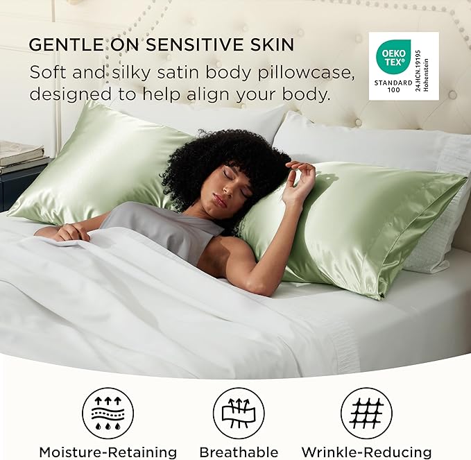 Bedsure Body Pillow Cover 20x54 Inches - Sage Green Satin Similar to Silk Pillowcase for Hair and Skin, Cooling and Silky Long Body Pillow Pillowcase with Envelope Closure, Gifts for Women Men - Bloomnest