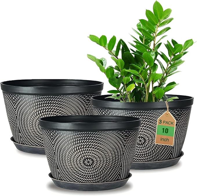 Quarut 10 Inch Flower Pots for Outdoor Indoor, 3 Pack Plastic Plant Pots with Drainage Hole & Tray, Modern Decorative Garden Pot with Saucer, planters for House (Black Copper) - Bloomnest