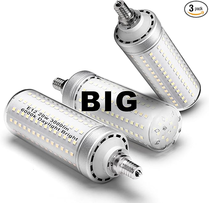 Big 1.77x 6.1 inch, E12 200w Equivalent LED Candelabra Bulbs C7,6000K Daylight Bright White,3000 lm T6 E12 20W LED Chandelier Light Bulbs for Ceiling Pendant Lighting Floor Lamp,Non-dimmable,3 Pack - Bloomnest