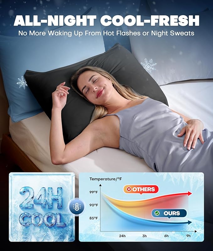 Ultra-Chill Cooling Pillowcase Set of 2 for Hot Sleepers, Softer Than Silk Pillow Cases for Protecting Hair & Skin, Breathable Bed Pillow Covers w/Zipper, Gifts for Women Men (Black, Queen) - Bloomnest