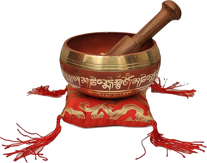 Tibetan Singing Bowl Set By Dharma Store - With Traditional Design Tibetan Buddhist Prayer Flag - Handmade in Nepal (Red) Dharma+Store