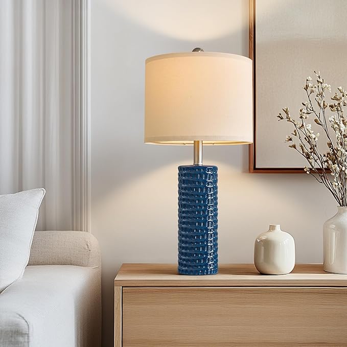 PORTRES 24.75" Modern Accent Ceramic Table Lamp Set of 2 for Bedroom Desk Decor Bedside Lamps for Living Room Study Room Office Dorm Farmhouse Nightstand Lamp End Table Lamps (Blue) - Bloomnest