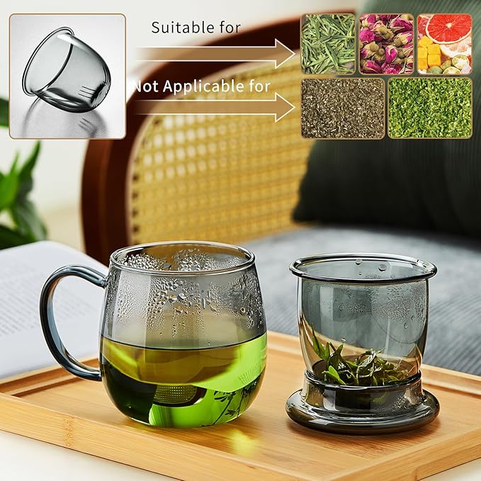Glass Tea Cup with Infuser and Lid, 17.6oz/520ml Large Borosilicate Teacup, Clear Mug for Loose Leaf Tea, Blooming Tea, Tea Bags - Perfect Christmas or Birthday Gift for Men - Bloomnest