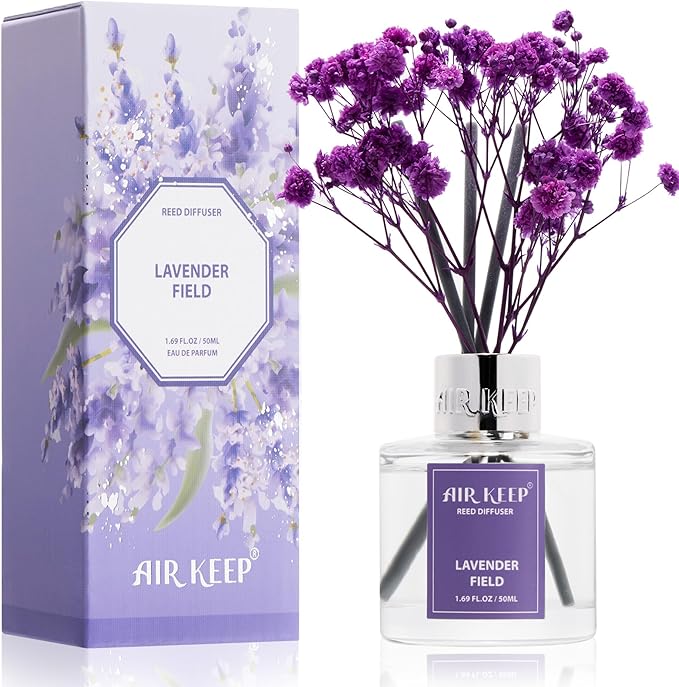 Airkeep Reed Diffuser Set,1.69 fl oz (50 ml) - Lavender Field Oil Diffusers with 8 Reed Sticks,Home Fragrance Reed Diffuser for Bathroom Shelf Decor - Bloomnest