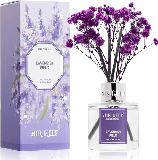 Airkeep Reed Diffuser Set,1.69 fl oz (50 ml) - Lavender Field Oil Diffusers with 8 Reed Sticks,Home Fragrance Reed Diffuser for Bathroom Shelf Decor - Bloomnest