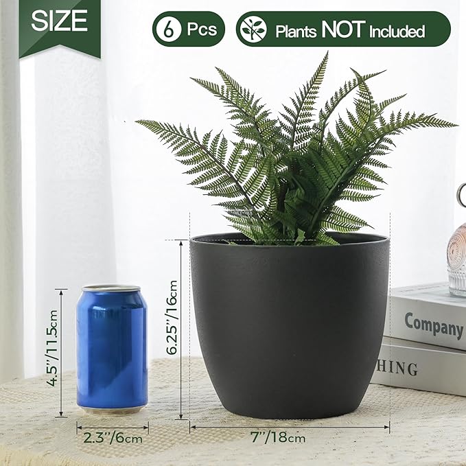 T4U 7 Inch Self Watering Planters Plastic Plant Pot, Modern Decorative Flower Pot/Window Box for All House Plants, Flowers, Herbs, African Violets, Succulents - Black, Set of 6 - Bloomnest