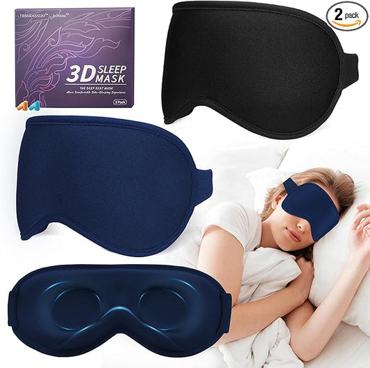 3D Sleep Mask for Men Women 2 Pack, Blackout Eye Mask for Sleeping eye Mask for Side Sleeper, Memory Foam Adjustable&Washable, Airplane Travel Essentials Couples Yoga Meditation Office Black&Dark-Blue - Bloomnest
