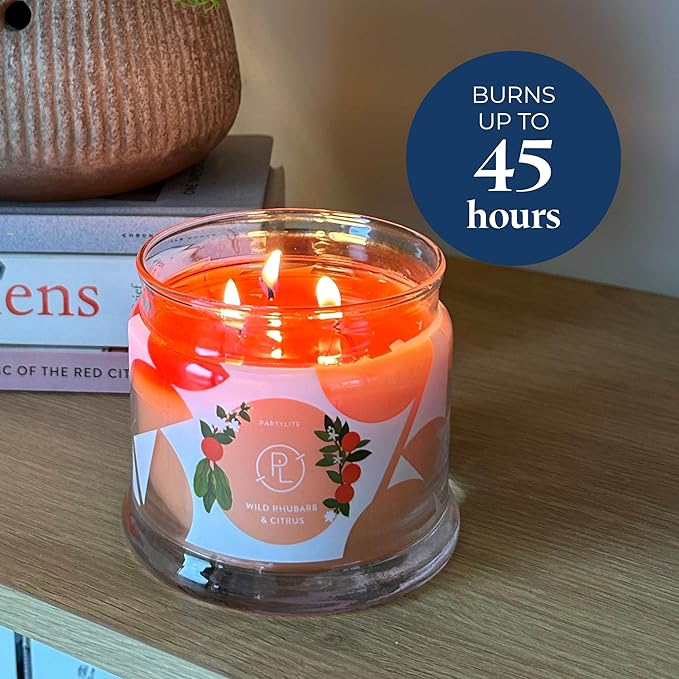 PartyLite Wild Rhubarb & Citrus Scented, Notes of Jasmine, Rhubarb and Creamy Sandalwood and White Musk, 13.2oz 3-Wick Jar Candle, 45 Hour Burn Time, Luxurious Fragrance, Ideal for Gifting - Bloomnest