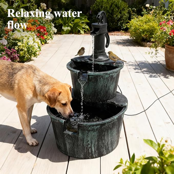Athena Collection 27'' Height Electric Waterfall Fountain 2 Tier Stepped Barrel Vintage Fountain Polypropylene with Pump Freestanding Floor Tabletop Fountain for Outside, Patio, Garden, Green - Bloomnest