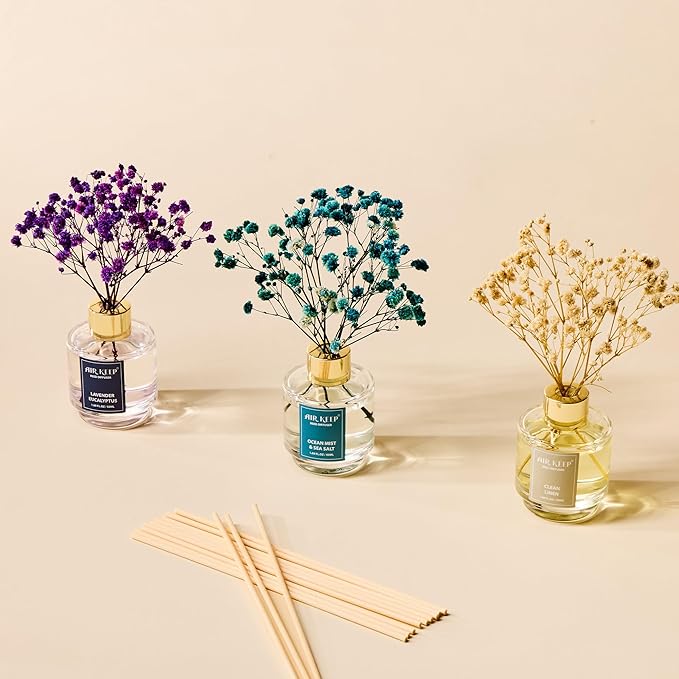 Airkeep Reed Diffuser Set of 3,Clean Linen Ocean Mist&Sea Salt Lavender Eucalyptus Oil Reed Diffusers for Bedroom Living Room Office Aromatherapy Oil Reed Diffuser for Gift 50ml x 3 - Bloomnest