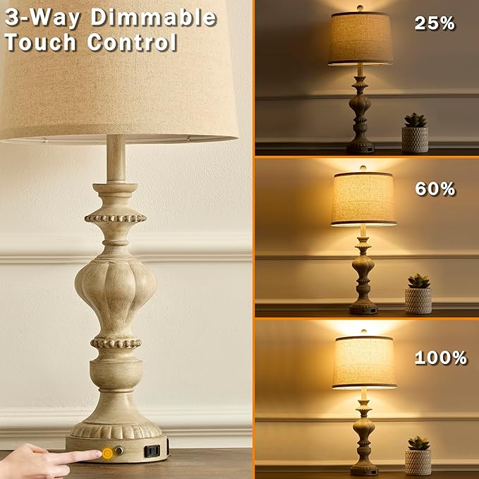 27.5" Farmhouse Table Lamps Set of 2 Bedside Nightstand Lamp with USB C+A Ports & AC Outlet, 3 Way Dimmable Touch Lamps for Bedroom Living Room Office Rustic Lamp (Gray) - Bloomnest