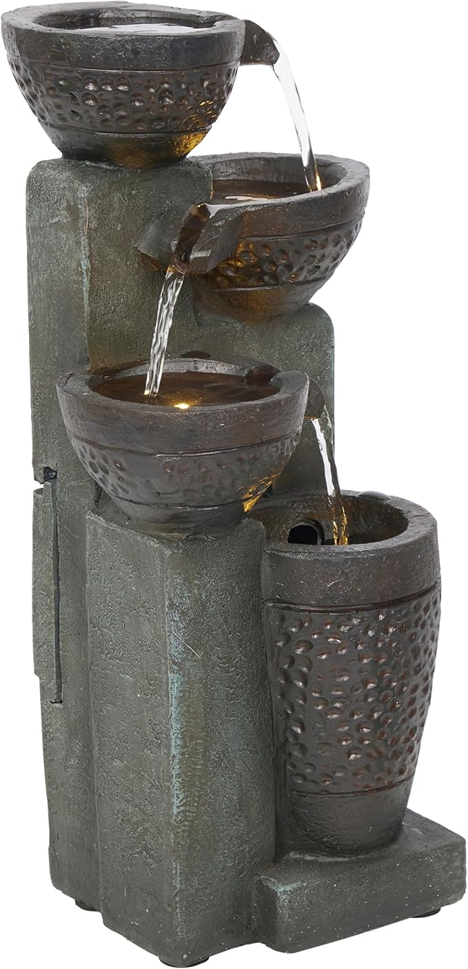 Alpine Corporation TZL412 14" Stoned Jar Cascading Water Fountain with LED Lights – Elegant Tabletop Water Feature for Home, Office, Living Room, Bedroom, and Desk Décor, Gray - Bloomnest