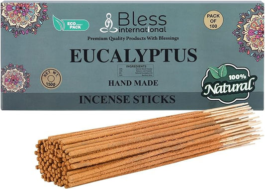 Bless-Eucalyptus 100%-Natural-Handmade-Hand-Dipped-Incense Organic-Chemicals-Charcoal-Free Purification-Relaxation-Positivity-Yoga-Meditation Best-Woods-Scent (100 Sticks(5.25 OZ))
