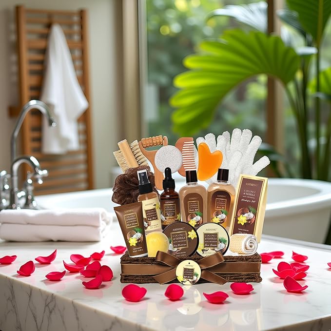 Spa Basket for Women, Coconut Vanilla Bath & Body Set, Christmas & Birthday Gift, Unique Gift with Bath Bombs, Body Lotion, Spa Bath Sets for men Gift Home Spa Set Luxurious Bath Gift & More - Bloomnest