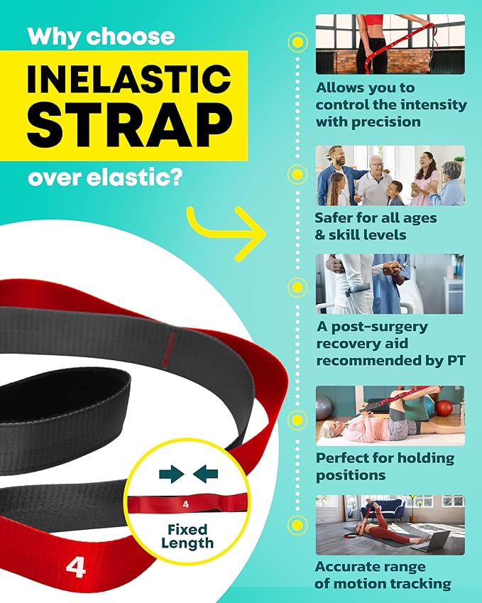 Stretching Strap with Loops - Non Elastic Stretch Band for Physical Therapy, Yoga Strap for Stretching Equipment, Stretch Bands for Exercise and Flexibility - Fascia, Hamstring & Leg Stretcher Belt