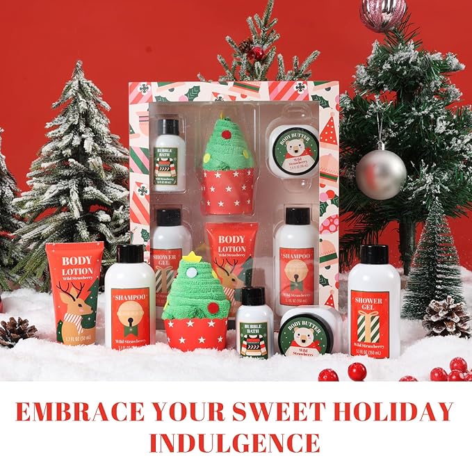 Christmas Bath and Body Gift Set for Women - Holiday Stocking Stuffers With Body Butter, Shower Gel, Lotion, Shampoo, Bubble Bath, Mini Towel - Birthday Gifts - Bloomnest