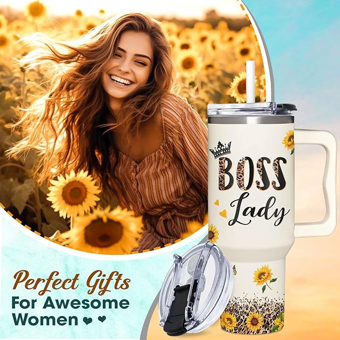 Boss Lady Tumbler 40oz with Handle - Sunflower Gifts for Women, Administrative Professional Day, Christmas - Thank You Gift for Manager - Bloomnest