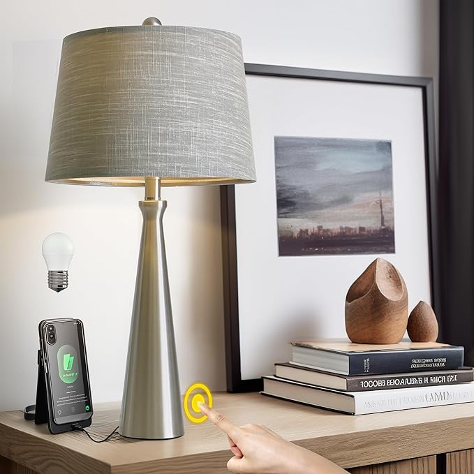 Oneach 25.75" Table Lamps for Living Room Bedroom, Bedside Lamp 3-Way Dimmable Touch Control, Modern Silver Nightstand Light Fabric Shade Vintage Accent Style - Bloomnest