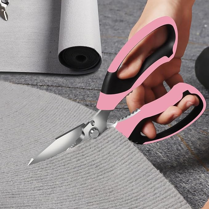 8-Inch Heavy Duty Utility Scissors All Purpose, Serrated Blade, Pink Comfort Grip for Cutting Carpet, Cardboard, Leather, Fabric, Multipurpose Sharp Shears for Kitchen, Garden, Office, Carft - Bloomnest