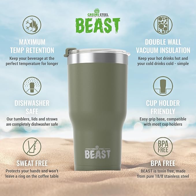 Beast 40 oz Tumbler Stainless Steel Vacuum Insulated Coffee Ice Cup Double Wall Travel Flask (Army Green) - Bloomnest