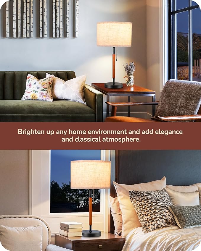 EDISHINE Mid Century Table Lamp, Pull Chain Switch Bedside Lamp with Linen Shade, Solid Wood Pole & Black Metal Base, Modern Nightstand Lamp for Bedroom, Living Room, Office, E26 Base - Bloomnest