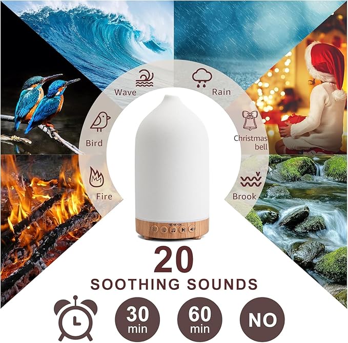 200ML White Noise Ceramic Diffuser,Sleep Sound Machine with 20 Natural Soothing Sounds, 7 Color Lights,Essential Oil Diffuser, Timer for Baby, Kids, Adults, Office, Home(Wood Grain) Upgrade - Bloomnest