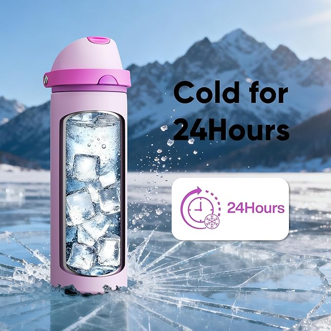 Insulated Water Bottle with Straw - Encool Stainless Steel Water Bottle with Push Button Lid, Leak-Proof & BPA-Free, Keeps Cold for 24 Hours for Sports, Travel, Gym (24 oz, Thistle-Fuchsia) ENCOOL