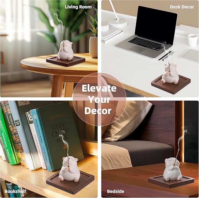 Lionpower Incense Holder for Sticks with Burner & Ash Catcher - Resin Bear, Wooden Tray, 10 Incense Sticks for Meditation Yoga Spa, Cute Home Decor Room Accessories (Bear)