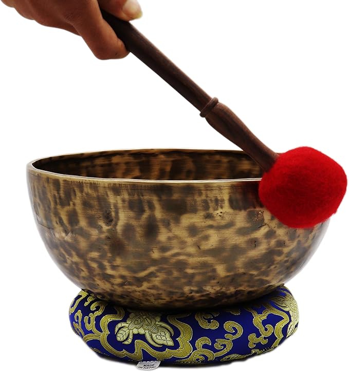 KHÜSI INC10"Antique Hand-hammered Tibetan Singing bowl set ~ Master healing Himalayan singing bowl ~Meditation Kit for Chakra Healing and ZEN ~ Professional healing bowl set. Khusi+Inc