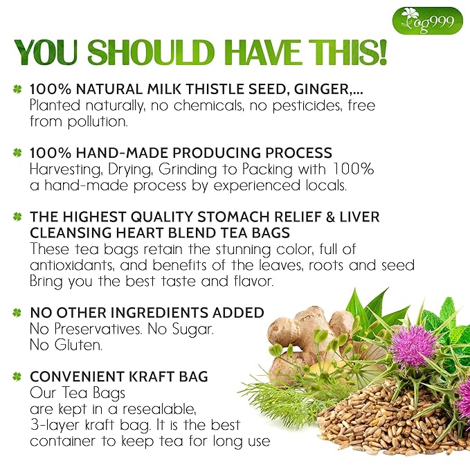 TOG999, Premium Stomach & Liver Herbal Tea – 60 Tea Bags – Milk Thistle Seed, Ginger, Fennel, Peppermint & Licorice – Caffeine-Free – Soothing & Refreshing Herbal Blend for Daily Enjoyment - Bloomnest