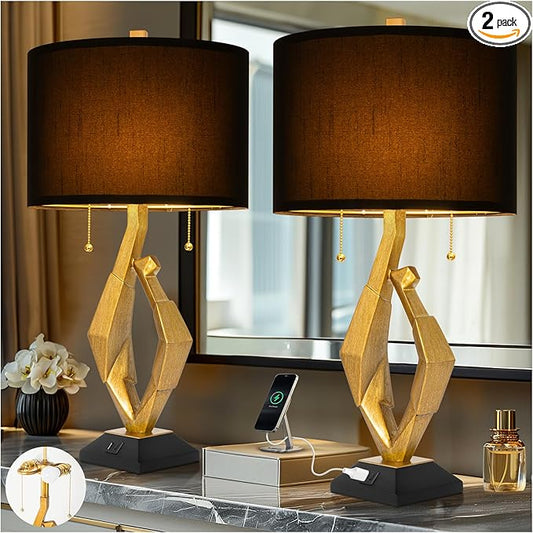 Sculptural Table Lamp Set of 2 with USB Ports For Living Room, Gold Leaf Finish Farmhouse Bedside Lamps with S Cluster Pull Chains Switch for Bedroom, Rustic Nightstand Lamp for Office, Hotel, Bar - Bloomnest