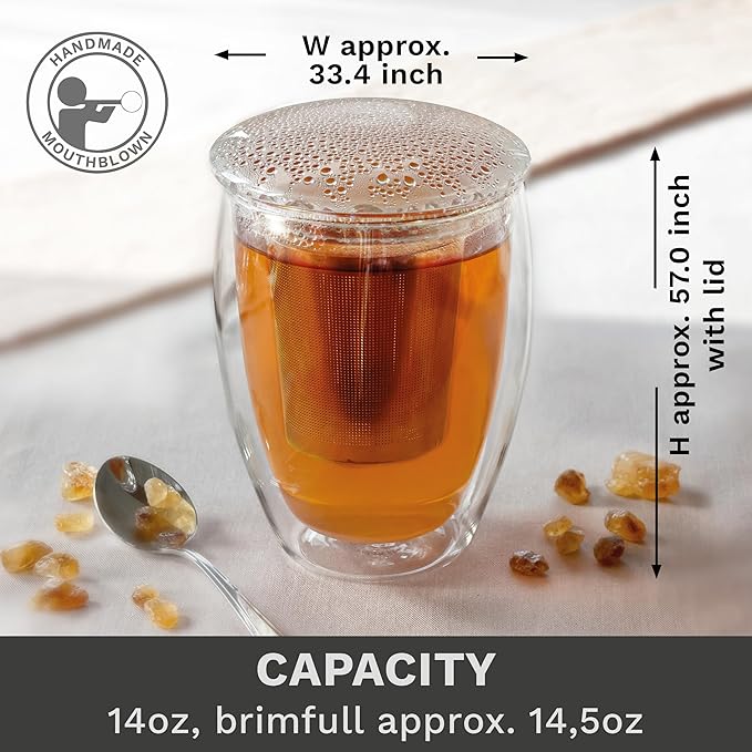 Creano Double Walled Tea Glass with Stainless Steel Filter and Glass Lid - 14oz (400ml) - Bloomnest