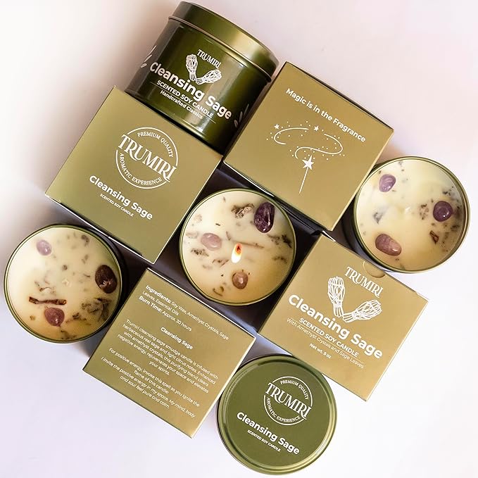Sage Candle for Cleansing House Negative Energy Smudge Kit - 5oz Soy Wax Natural Clean Organic Non Toxic - Aromatherapy Spiritual Meditation Gifts - Long Lasting Highly Scented Candel with Crystals TRUMIRI