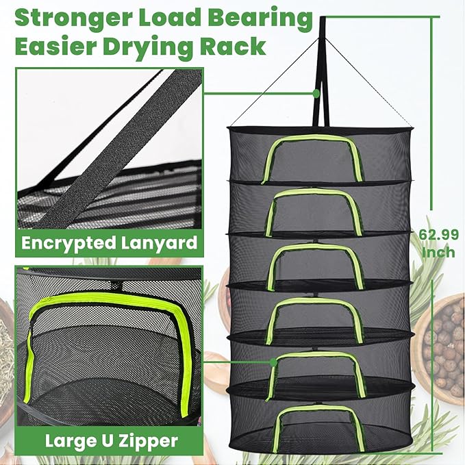 6 Layer 24" Herb Drying Rack Hanging with Garden Pruning Shears, Large Zipper, Hook & Notepad, Foldable Drying Rack for Herbs, Spices & Seasonings, Hanging Herb Dryer Indoor & Outdoor - Bloomnest