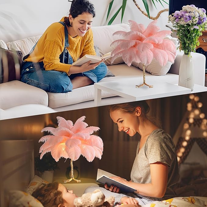 MAYOLA Modern Ostrich Feather Table Lamp with Plug in Wire,3-Light Bedside Floor Lamp for Living Room, Bedroom and Office 24” Tall Feather Desk Lamp (Pink, Table Lamp-Resin) - Bloomnest