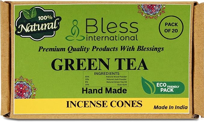 Bless International Green-Tea 100%-Natural-Incense-Cones Handmade-Hand-Dipped Organic-Chemicals-Free for-Purification-Relaxation-Positivity-Yoga-Meditation The-Best-scents (20 Count)