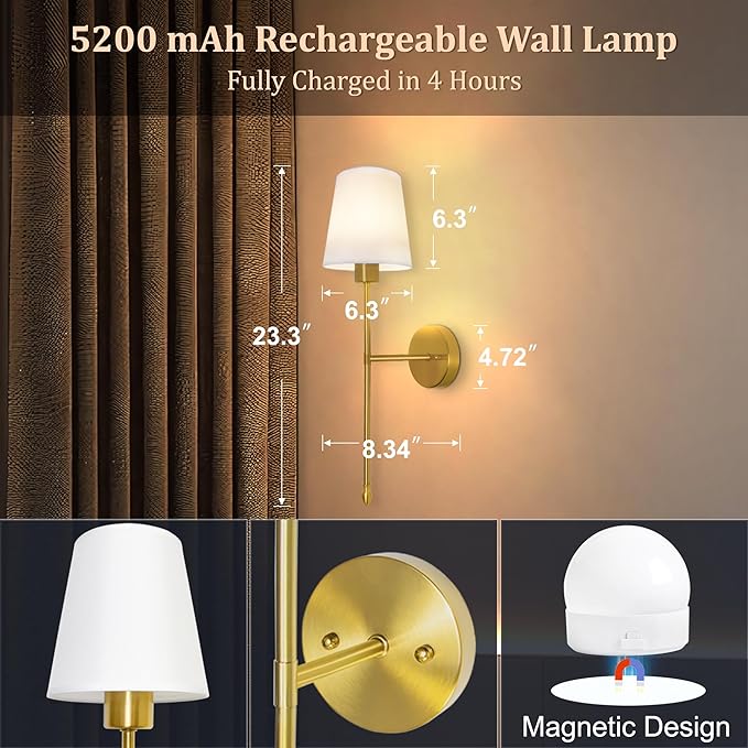 Battery Operated Wall Sconce Set of 2, 15 Colors Rechargeable Wall Lights with Dimmable Bulbs and Remote, Gold Wireless Wall Lamp for Living Room Hallway Bedroom - Bloomnest