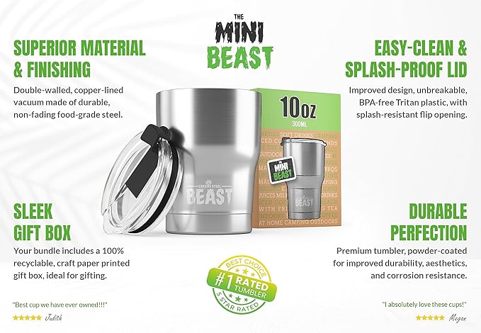 Beast 10 oz Tumbler Stainless Steel Vacuum Insulated Coffee Ice Cup Double Wall Travel Flask (Steel) - Bloomnest