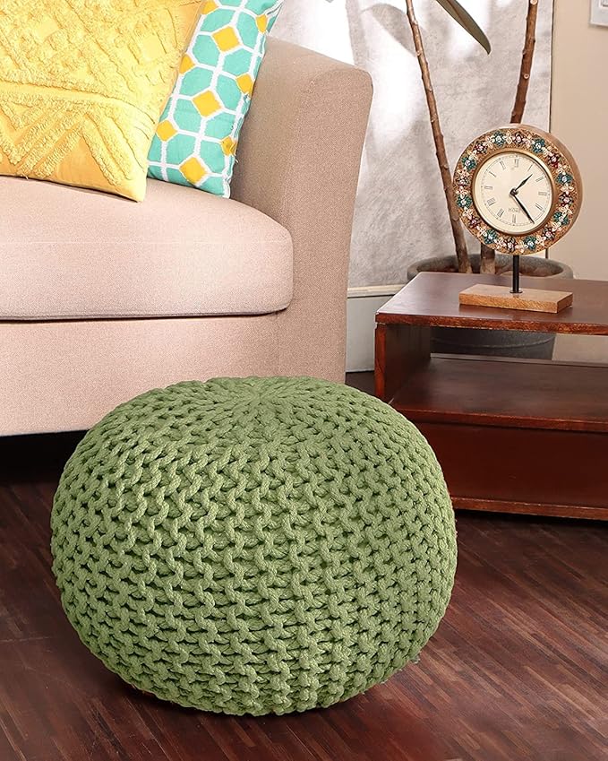 REDEARTH · Round Pouf Foot Stool Ottoman - Cotton Knitted Cord Boho Pouffe - Cable Poof Filled Footrest Stuffed for Living Room - Nursery - Bedroom - Patio - Lounge (19.5"x19.5"x14") - Kiwi - Bloomnest