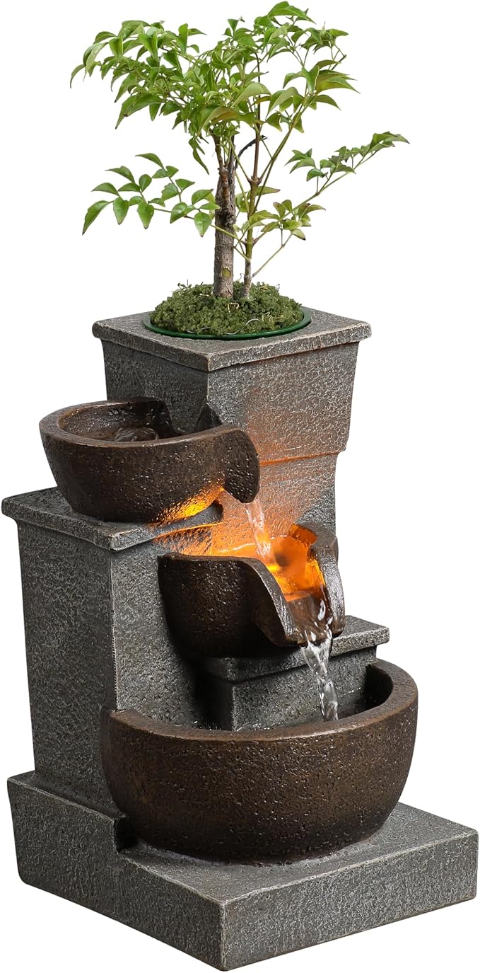 Tabletop Waterfall Fountain, Three Bowls Cascading Indoor Zen Fountain with LED Lights Natural Stones Perfect for Home, Office, Yoga Pump Included（22025N） - Bloomnest