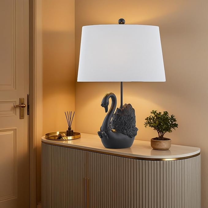 Crestview Collection Bird Table Lamp, 24" Matte Black Swan Resin Table Lamp with Linen Shade, Modern Animal Lamp for Nightstand,End Table or Entryway, Art Home Decor for Bedroom,Living Room or Hallway - Bloomnest