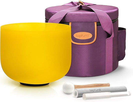 TOPFUND Yellow E Note Crystal Singing Bowl Solar Plexus Chakra 10 inch with Heavy Duty Carrying Case and Suede Mallet