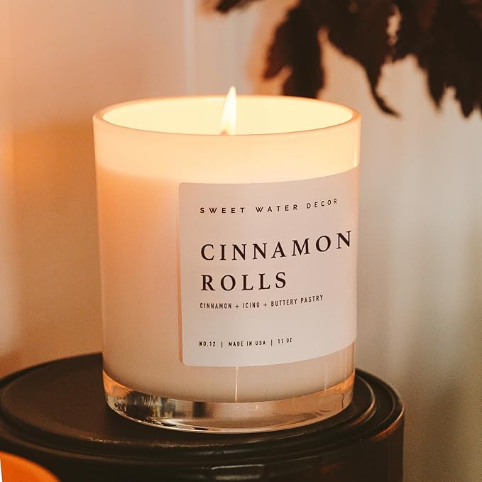 Sweet Water Decor Cinnamon Roll Candle - Cinnamon, Icing, Buttery Pastry Cinnamon Scented Candles for Fall - 11oz White Jar and Wood Lid, 50+ Hour Burn Time, Made in The USA - Bloomnest