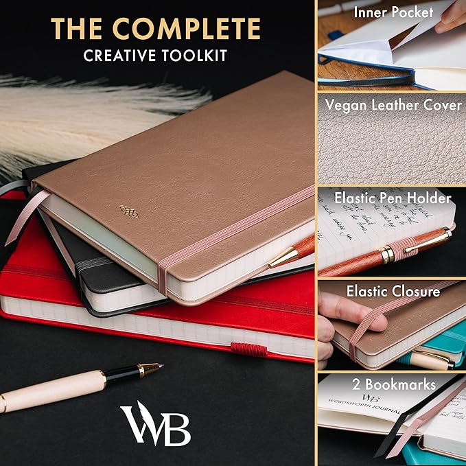 Wordsworth & Black A5 Lined Journal 216 Lined Pages, Hardcover Leather, 120 GSM Paper, Journaling Notebook for Work & Sketching, Journals for Women, Men - Gifts Box Included Black - Bloomnest
